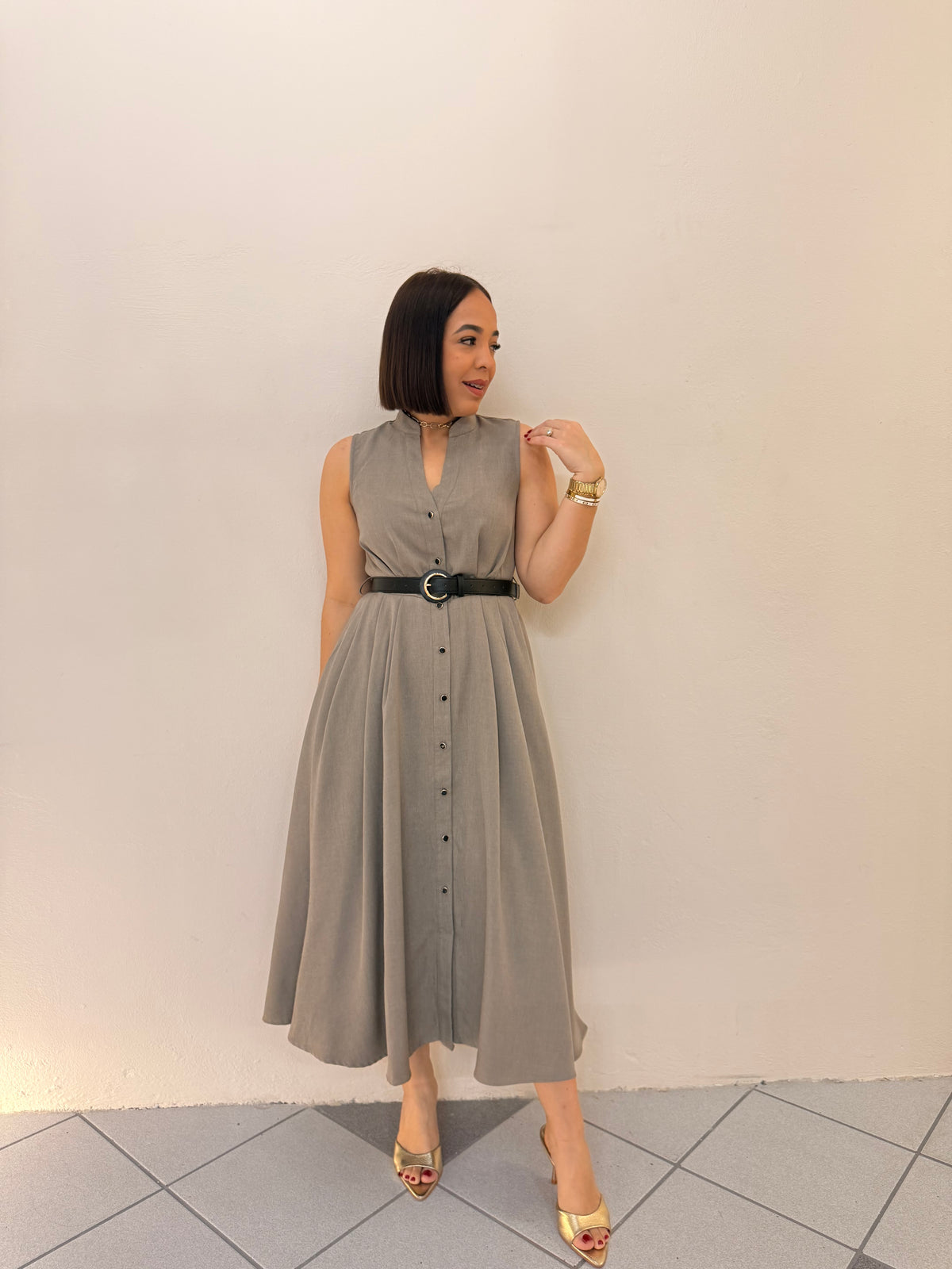 KAMILA- GREY MIDI DRESS