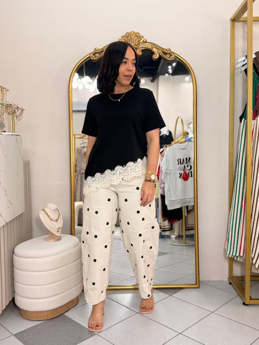 KIARA” BEIGE/BLACK  POLKA DOT BARREL PANTALON