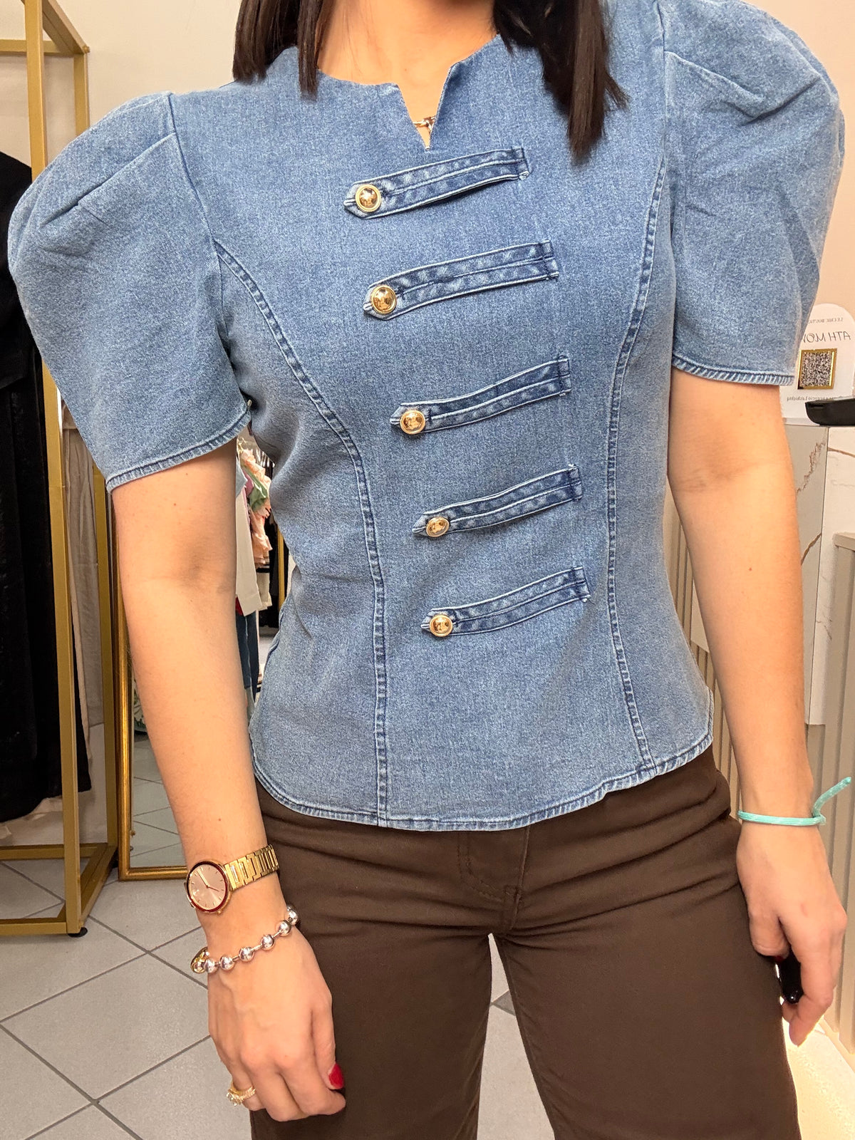 LARA" LIGHT DENIM TOP MANGAS NAPOLEON