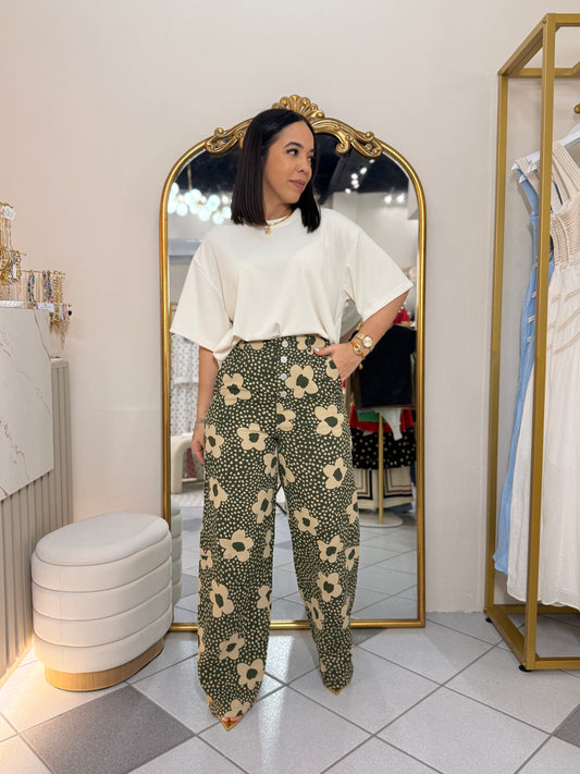 VERDE  FLORAL PANTALÓN BARREL
