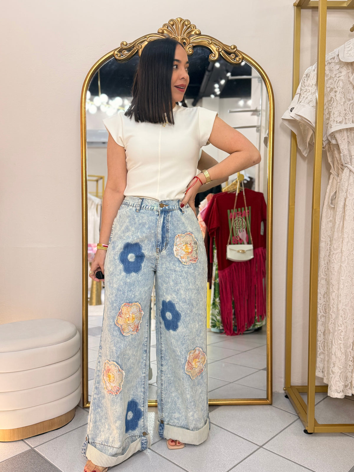 LORENA” DENIM FLOR  PANTALÓN