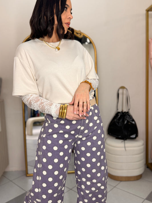 BEIGE TRENDY TSHIRT MANGA LACE