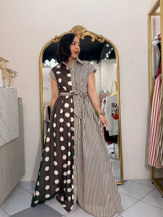 KAMELIA" BROWN  DOT/STRIPE DRESS