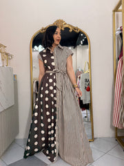 KAMELIA" BROWN  DOT/STRIPE DRESS