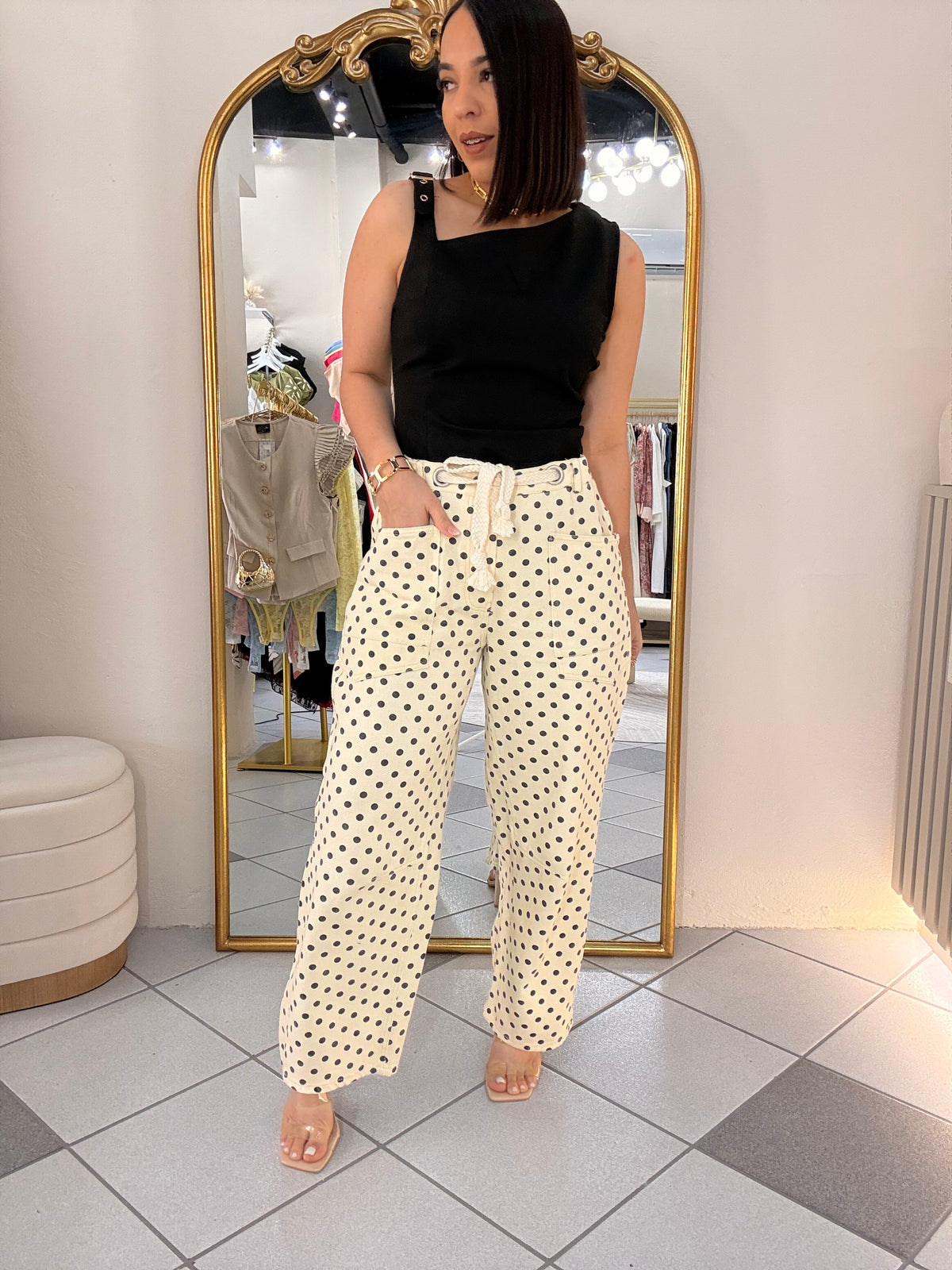 POLKA DOT  BEIGE  BARREL PANT