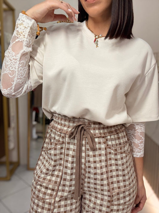 BEIGE TRENDY TSHIRT MANGA LACE