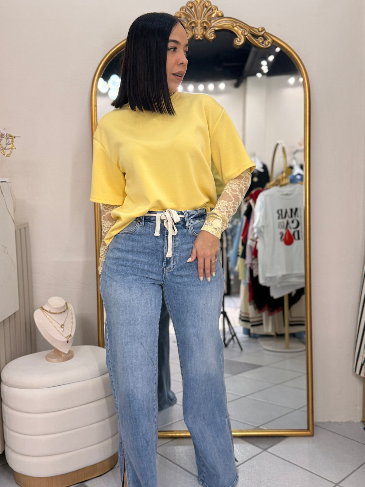 YELLOW TRENDY TSHIRT MANGA LACE