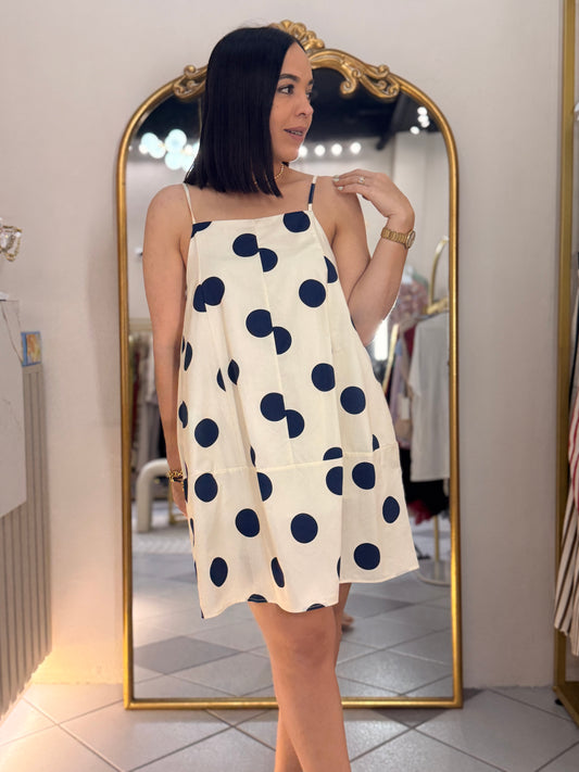 POLKA DOT BEIGE/NAVY MINI DRESS