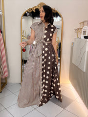 KAMELIA" BROWN  DOT/STRIPE DRESS