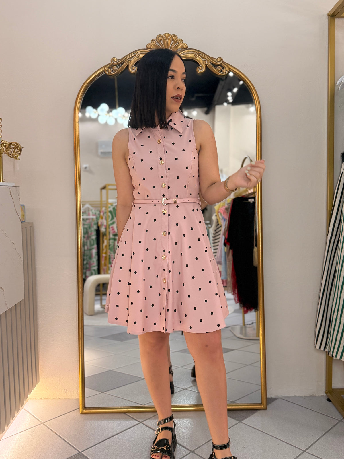 PINK/BLACK POLKA DOT DRESS