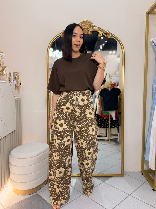 BROWN FLORAL PANTALÓN BARREL