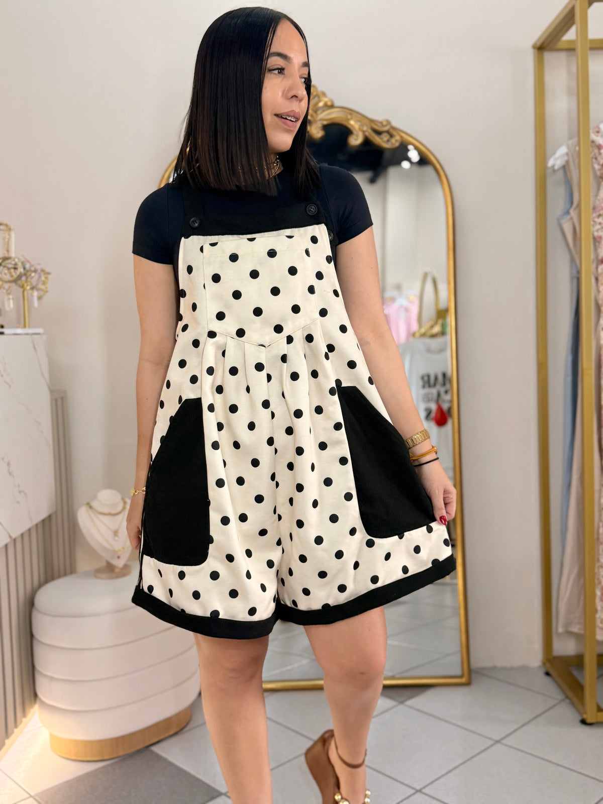 LILI” BEIGE/BLACK POLKA DOT ROMPER Oversize
