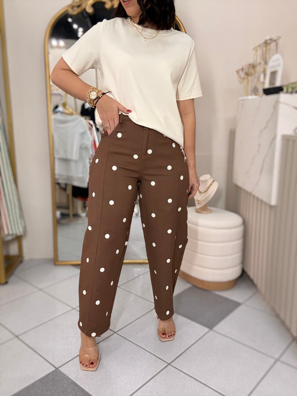 KIARA” BROWN/BEIGE  POLKA DOT BARREL