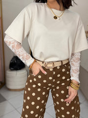 BEIGE TRENDY TSHIRT MANGA LACE