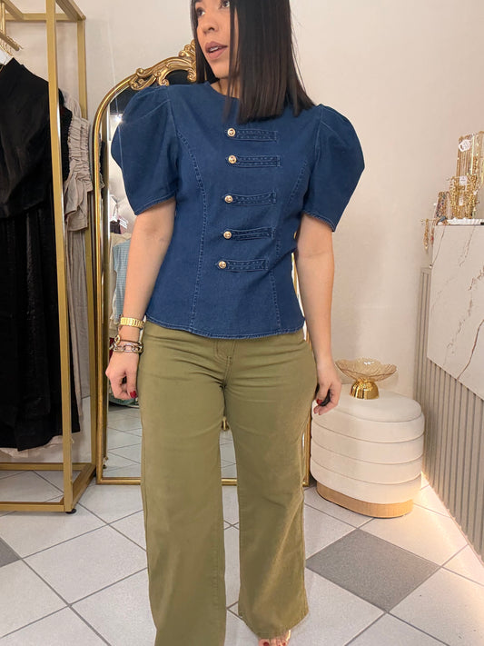 LARA" DARK DENIM TOP MANGAS NAPOLEON