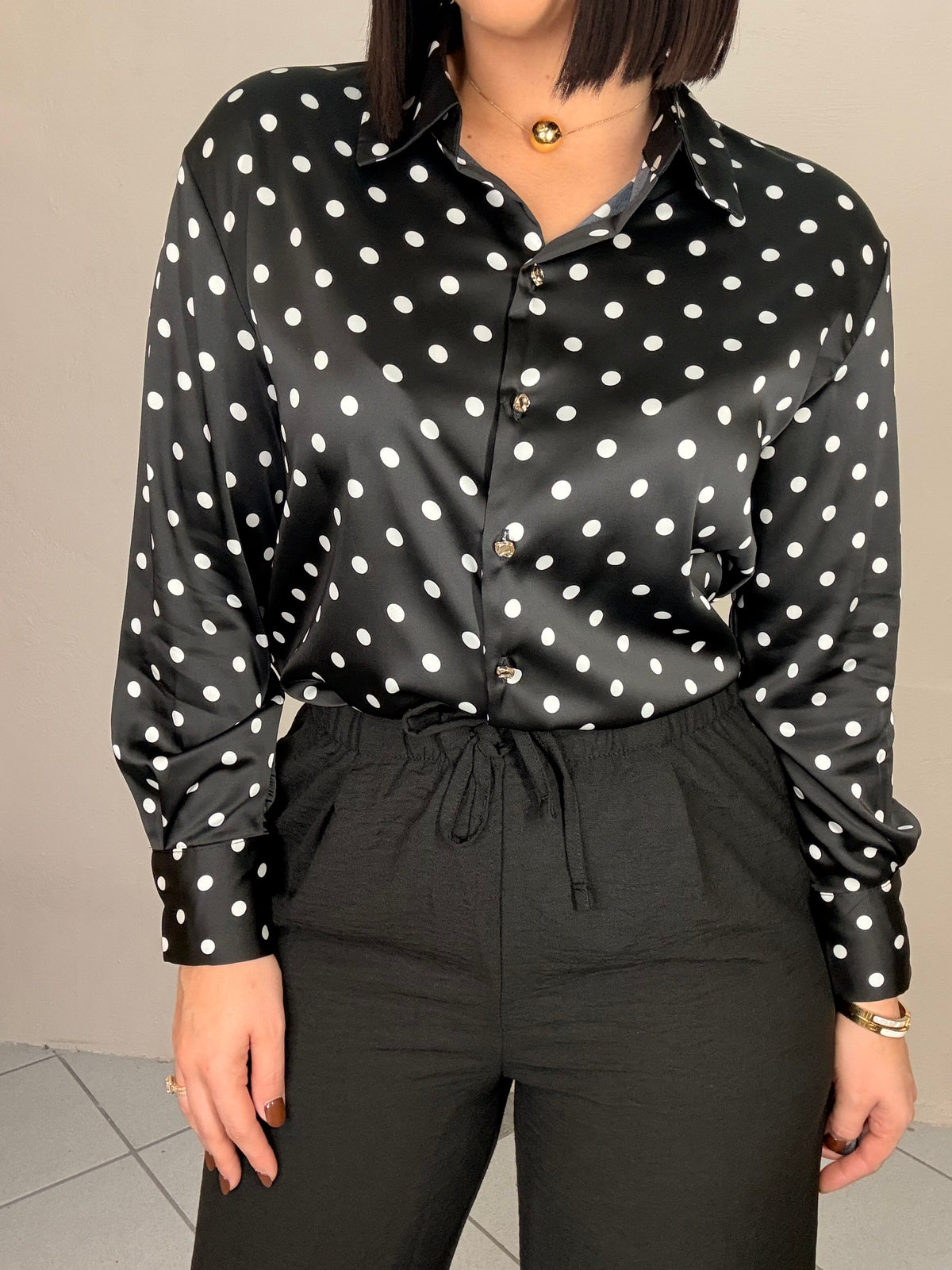 BLACK  POLKA DOT SATIN TOP