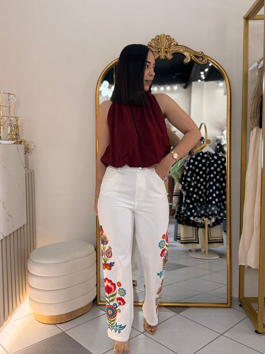 KAREN" PANTALON BLANCO DETALLES EN FLORES
