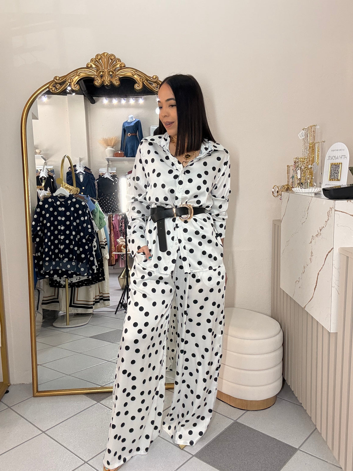SET SATINADO BLACO/NEGRO POLKA DOT