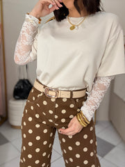BEIGE TRENDY TSHIRT MANGA LACE