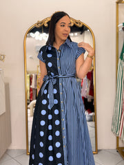 KAMELIA" BLUE DOT/STRIPE DRESS