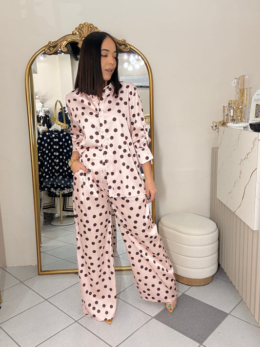 SET SATINADO ROSA/BROWN POLKA DOT