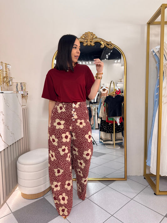 BURGUNDY  FLORAL PANTALÓN BARREL