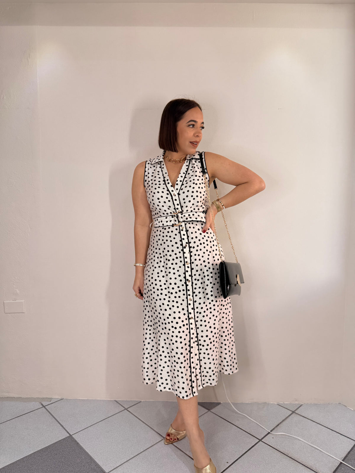 MIDI DRESS WHITE/BLACK POLKA DOT