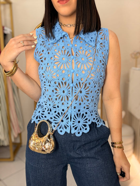 AISA" CROCHET BLUE TOP