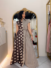 KAMELIA" BROWN  DOT/STRIPE DRESS
