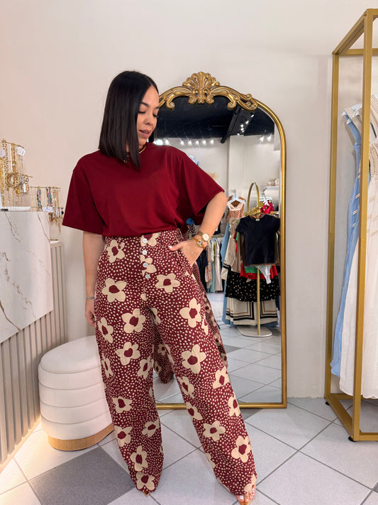 BURGUNDY  FLORAL PANTALÓN BARREL