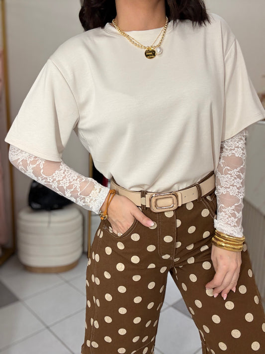 BEIGE TRENDY TSHIRT MANGA LACE