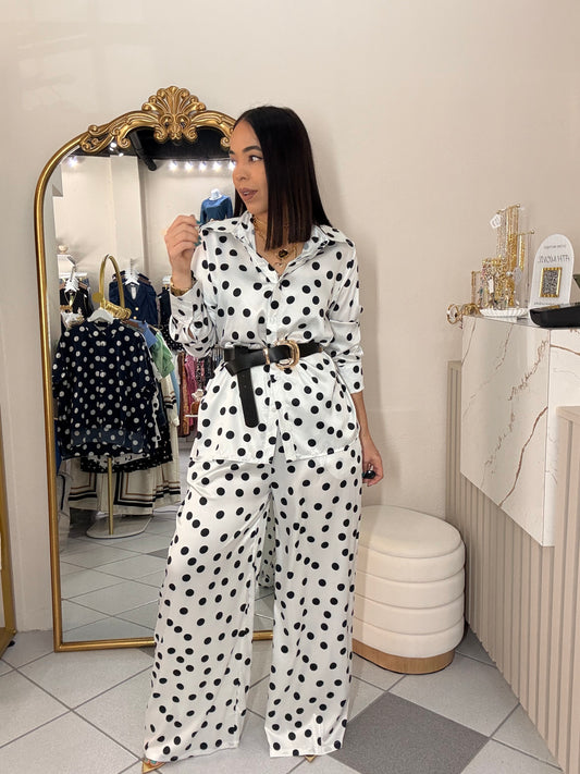 SET SATINADO BLACO/NEGRO POLKA DOT