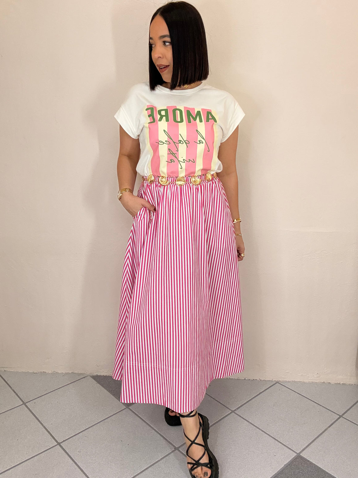 PINK/ WHITE  MIDI SKIRT