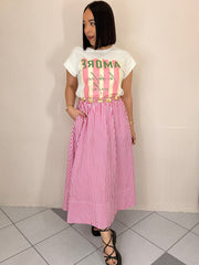 PINK/ WHITE  MIDI SKIRT
