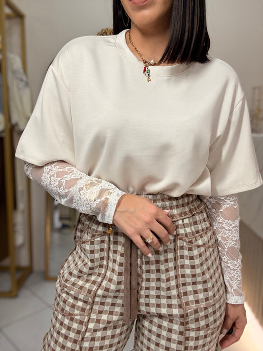 BEIGE TRENDY TSHIRT MANGA LACE