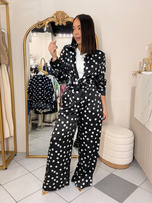SET SATINADO NEGRO/BLANCO POLKA DOT