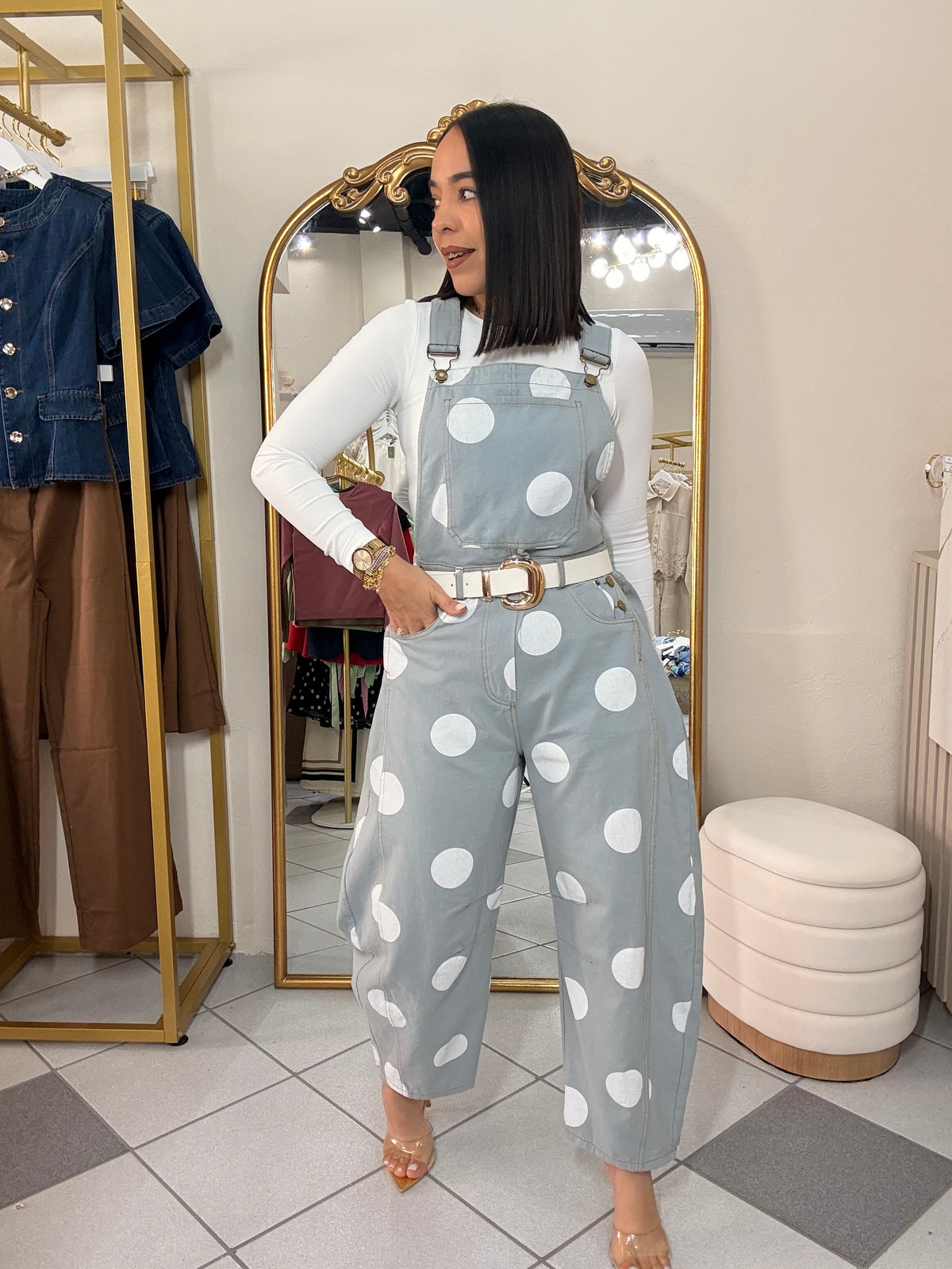 IVE” GRAY POLKA DOT JUMPSUIT