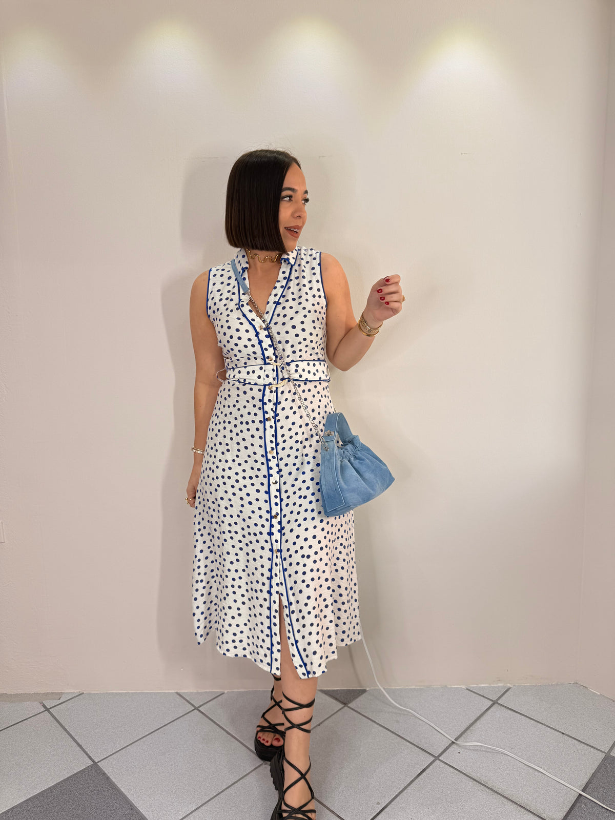 MIDI DRESS WHITE/BLUE POLKA DOT