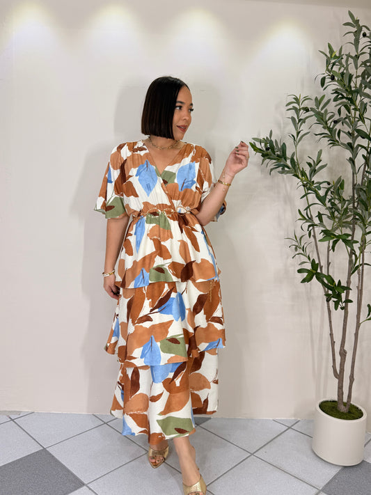 CATALINA"  TIERED  MOCHA BLUE MIDI DRESS