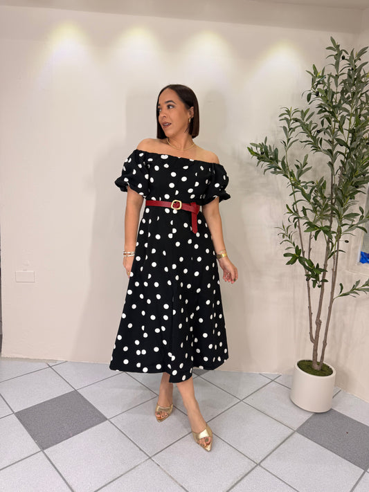 ANALIA" POLKA DOT MIDI DRESS BLACK